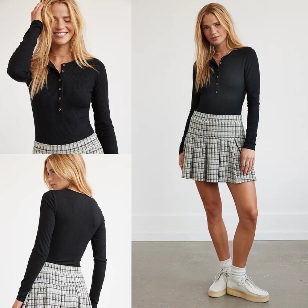 American Eagle AE Women's Long Sleeve Henley Bodysuit Top Shirt Size XXL Black